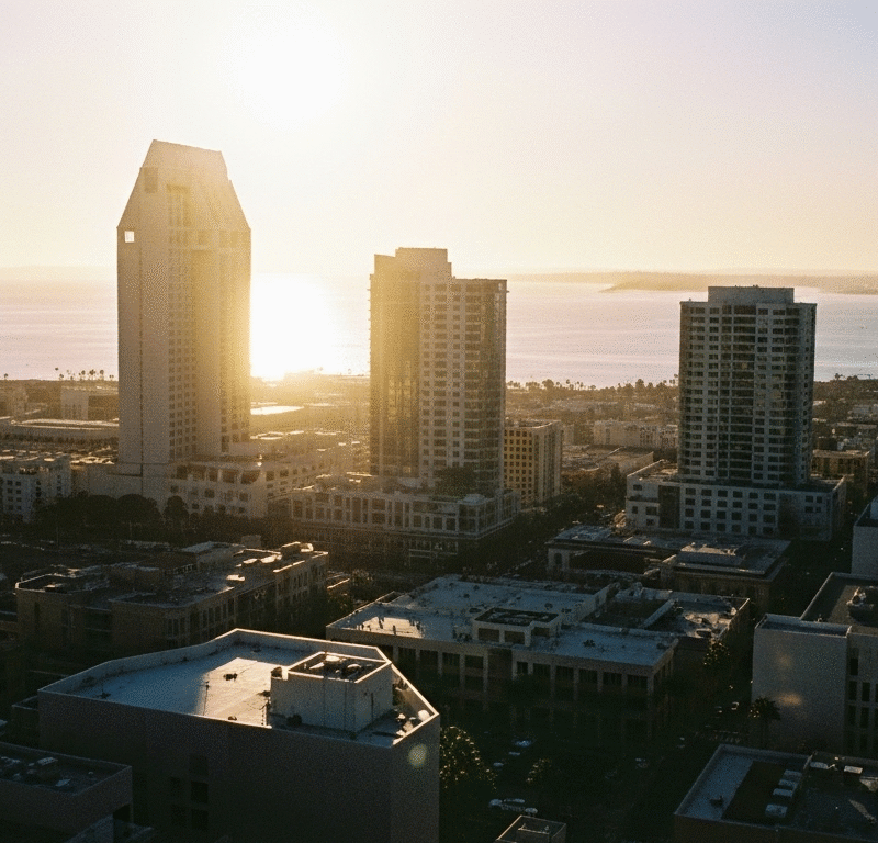 Sunny view of the downtown San Diego skyline and waterfront, representing a supportive urban environment for early sobriety and wellness.