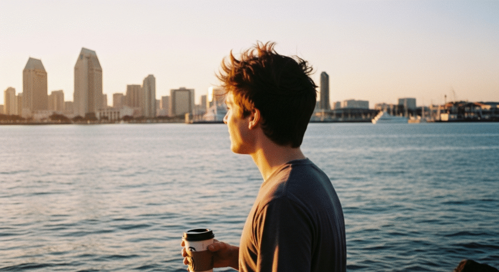 Man holding coffee looking at San Diego skyline reflecting on mental health and recovery