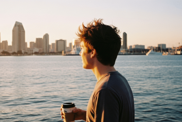 Man holding coffee looking at San Diego skyline reflecting on mental health and recovery