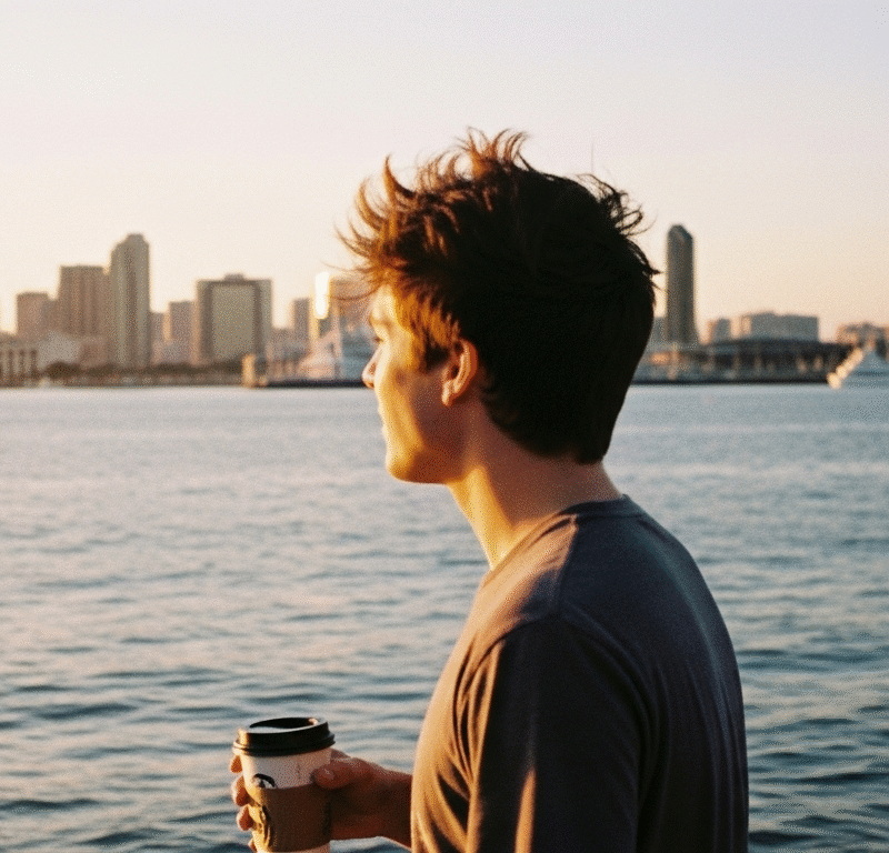 Man holding coffee looking at San Diego skyline reflecting on mental health and recovery