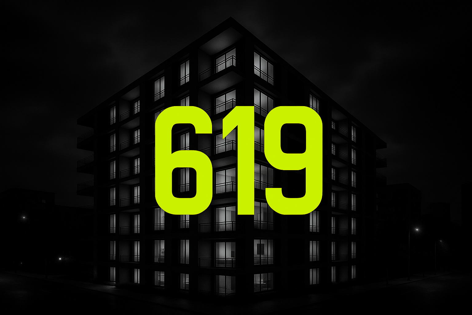 619 Recovery logo on sober living apartment building in downtown San Diego at night