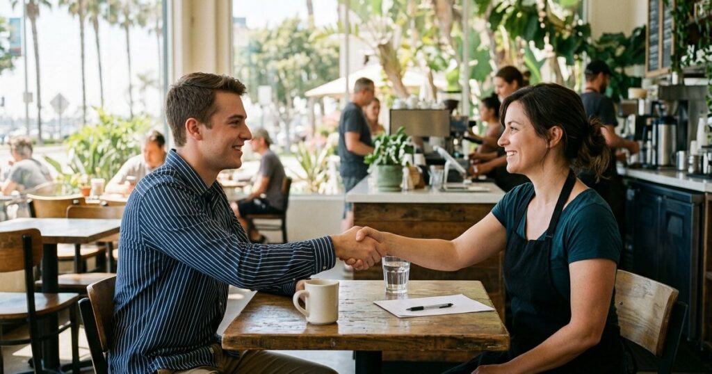 Young man shaking hands with a cafe manager after a job interview in San Diego