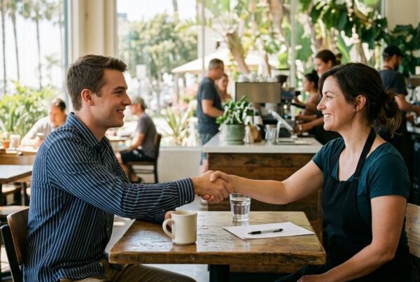 Young man shaking hands with a cafe manager after a job interview in San Diego