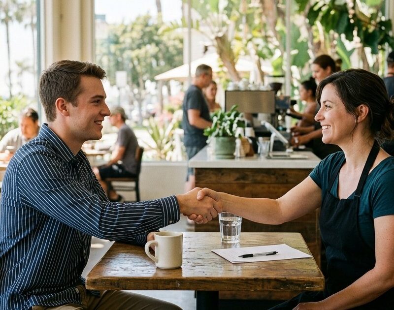 Young man shaking hands with a cafe manager after a job interview in San Diego
