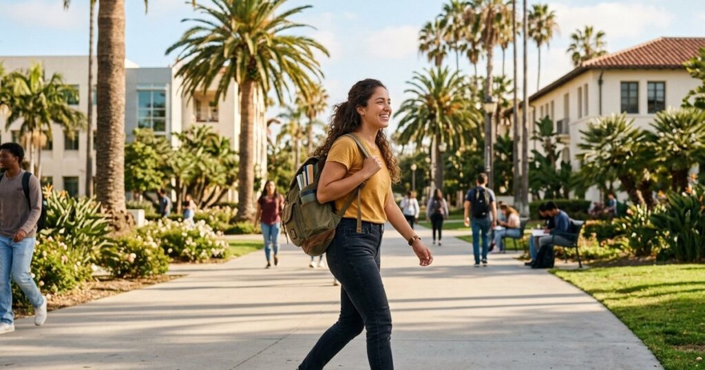 Young adult student with a backpack walking across a sunny San Diego college campus
