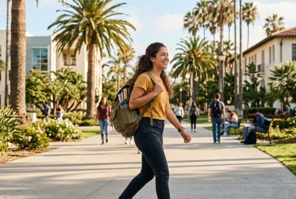 Young adult student with a backpack walking across a sunny San Diego college campus