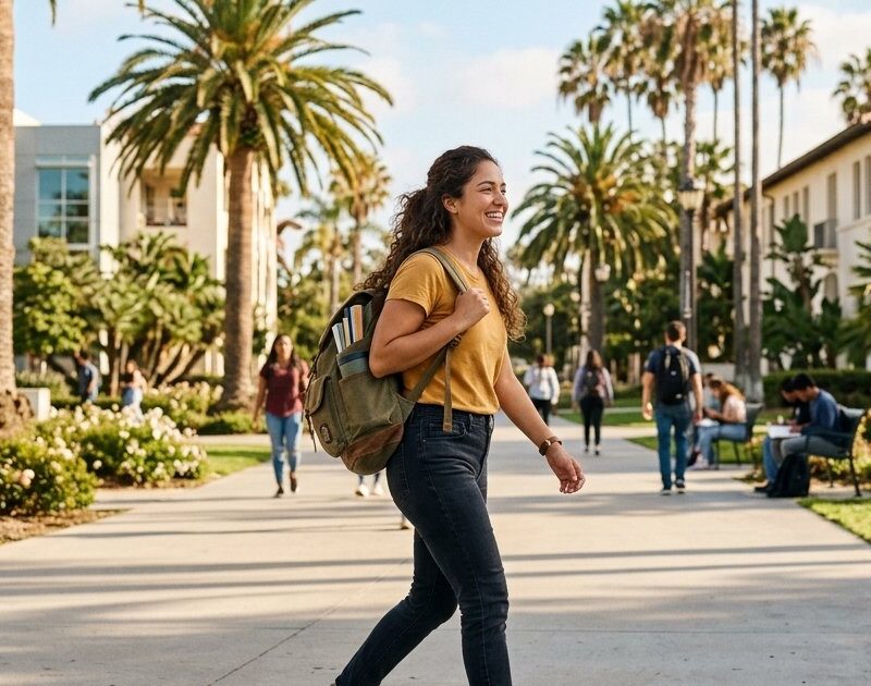 Young adult student with a backpack walking across a sunny San Diego college campus
