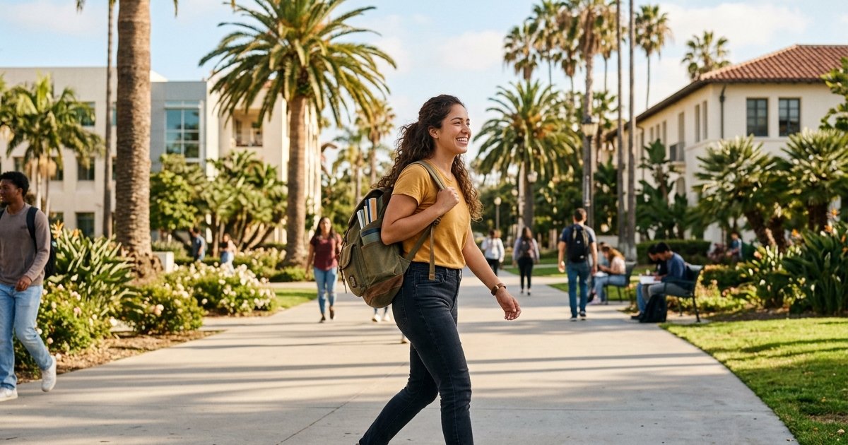 Young adult student with a backpack walking across a sunny San Diego college campus