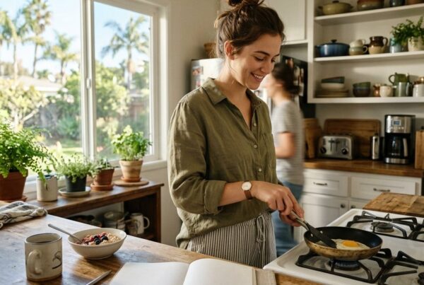 Young woman cooking breakfast with a planner open in a sunny San Diego shared kitchen
