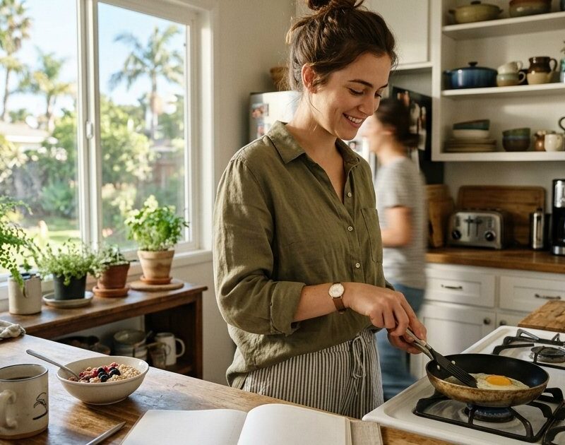 Young woman cooking breakfast with a planner open in a sunny San Diego shared kitchen