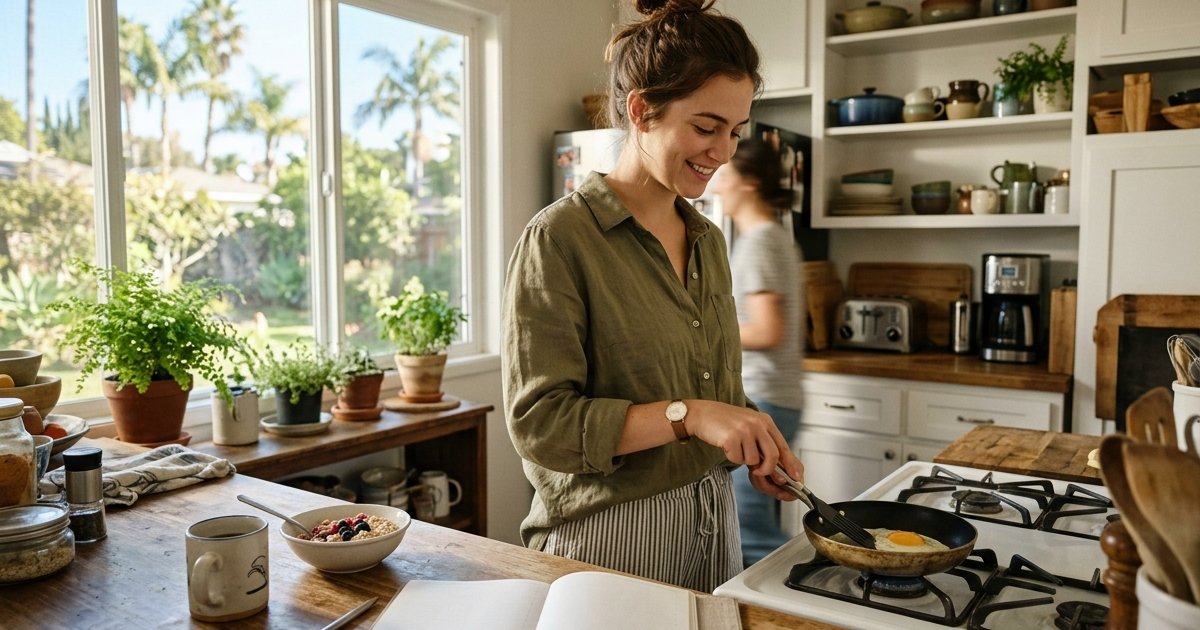 Young woman cooking breakfast with a planner open in a sunny San Diego shared kitchen