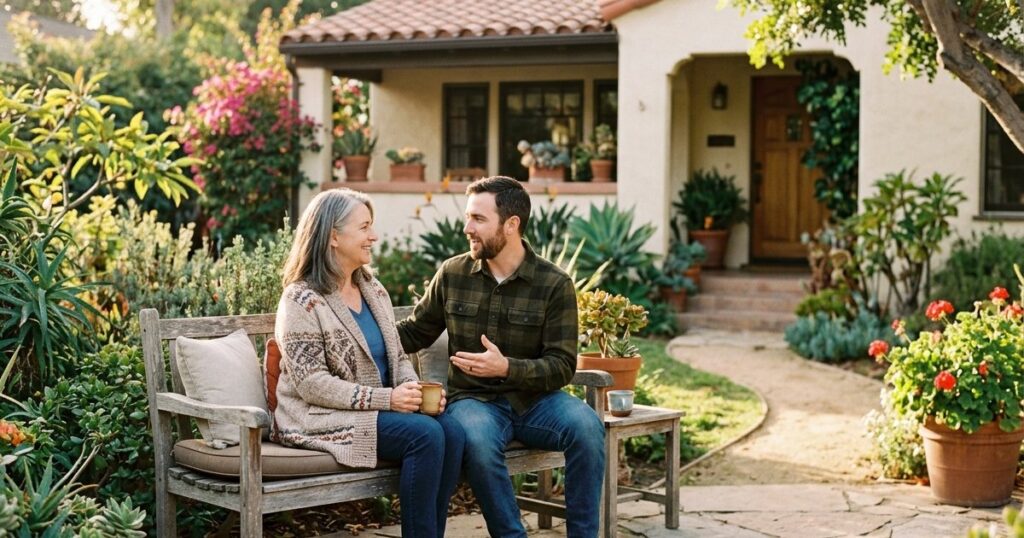 Mother and adult son talking on a bench outside a San Diego home