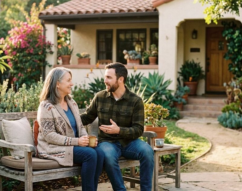 Mother and adult son talking on a bench outside a San Diego home